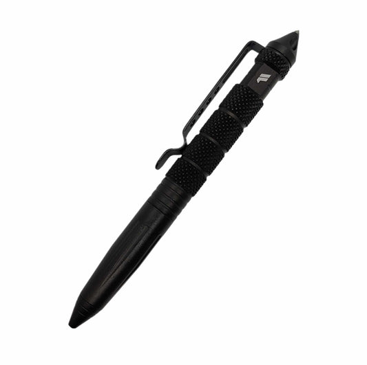 A black tactical pen with a tungsten end tip designed for breaking glass, featuring an F logo on the top, representing Fire and Rescue Tools