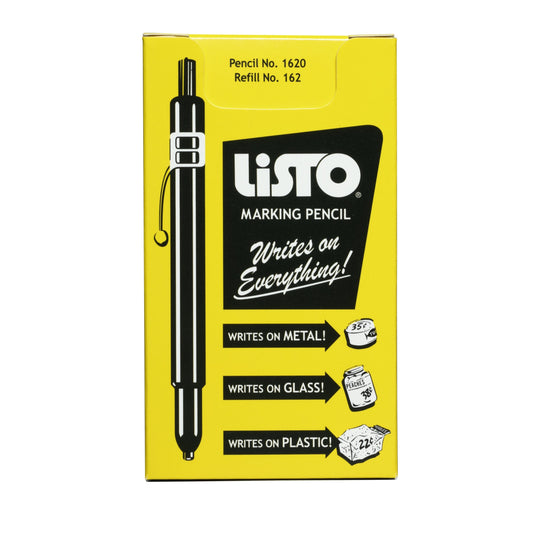 Box of 12 Listo 1620 refillable mechanical chinagraph pencil Write on almost anything: Metal, glass, wood, plastics, paper and more! Cleans off with wipe. Each pencil comes with a free spare lead! Perfect for emergency staff, tradesmen, and swimmers! Used and trusted by firefighters all over the UK!