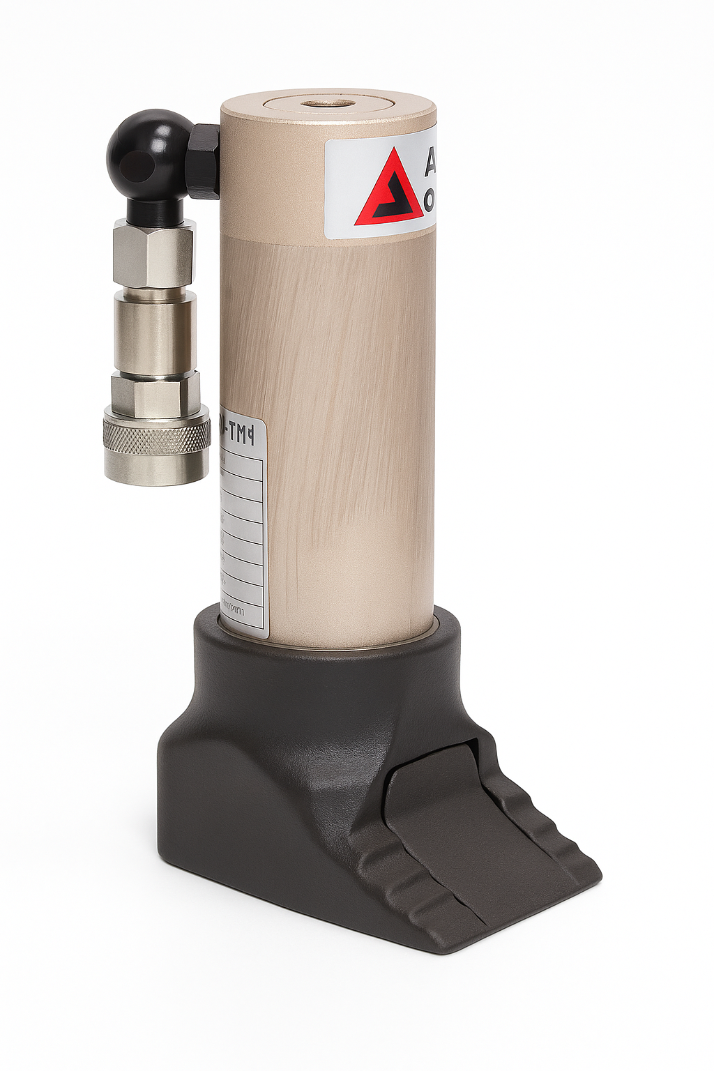 Mechanical device with cylindrical beige component and black base on a white background